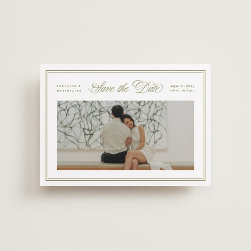 This is a olive petite save the dates with standard by Ellen Schlegelmilch called museo printing on recycled smooth signature in petite