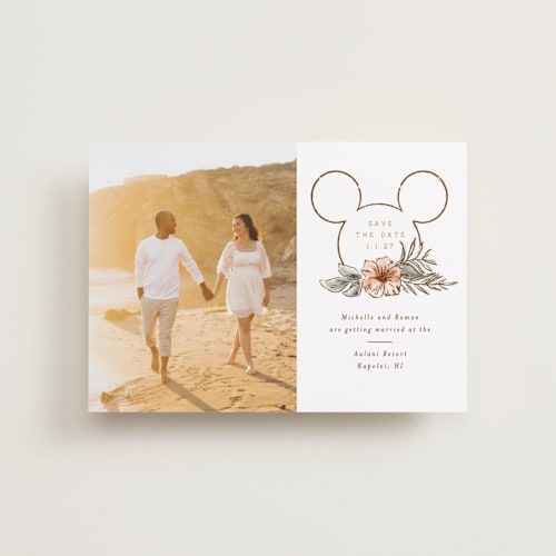 This is a earth petite save the dates with standard by Shiny Penny Studio called disney's mickey mouse tropical  frame printing on recycled smooth signature in petite