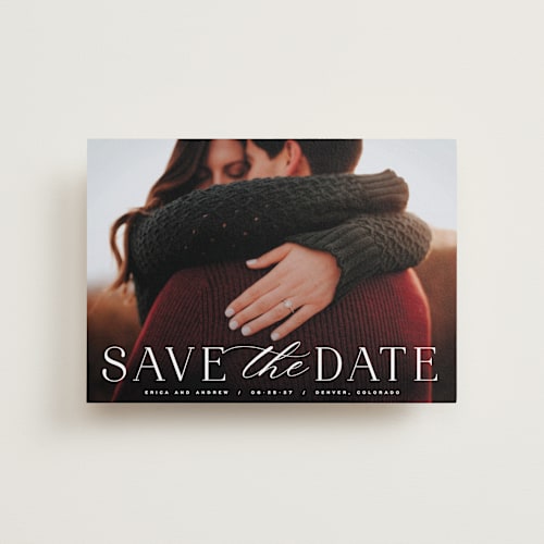 This is a dove petite save the dates with standard by Hooray Creative called classic serif printing on recycled smooth signature in petite