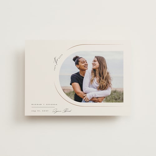This is a champagne petite save the dates with standard by Benita Crandall called l'arch printing on recycled smooth signature in petite