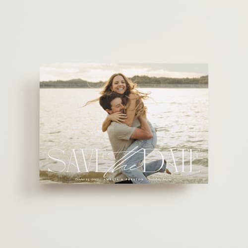 This is a sugar petite save the dates with standard by Jessica Williams called stacked class printing on recycled smooth signature in petite