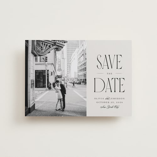 This is a dove petite save the dates with standard by Robert and Stella called pierre printing on recycled smooth signature in petite