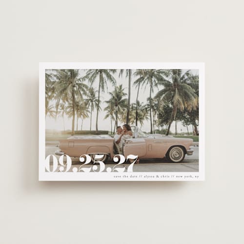 This is a linen petite save the dates with standard by Ashley Cuccio called malibu dreams printing on recycled smooth signature in petite