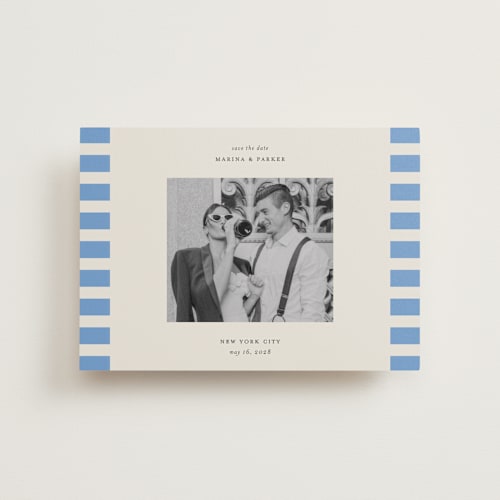 This is a sky petite save the dates with standard by Jackie Crawford called modern border printing on recycled smooth signature in petite