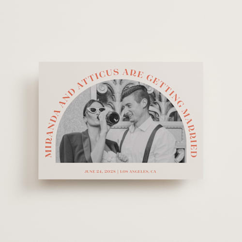 This is a persimmon petite save the dates with standard by Sarah Cohn called surrounding printing on recycled smooth signature in petite