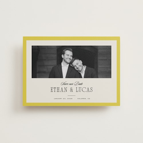 This is a citron petite save the dates with standard by Blustery August called mille-feuille printing on recycled smooth signature in petite