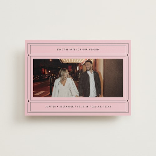 This is a gumdrop petite save the dates with standard by Pati Cascino called ticket printing on recycled smooth signature in petite
