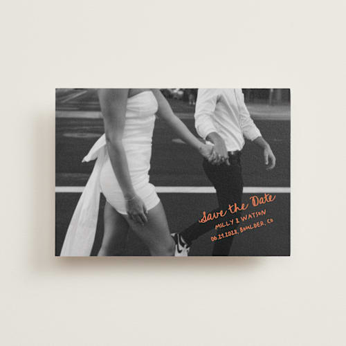This is a tangerine petite save the dates with standard by Jelena Vuletic called imprint printing on recycled smooth signature in petite
