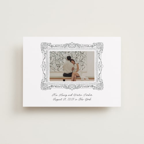 This is a diamond petite save the dates with standard by Jenna Holcomb called sketched frame printing on recycled smooth signature in petite