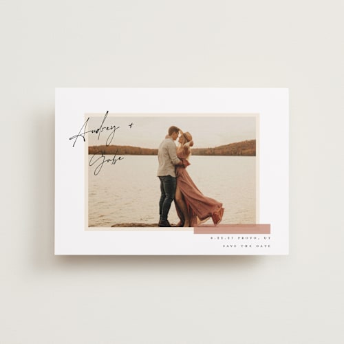 This is a clay petite save the dates with standard by Morgan Kendall called sentimentalist printing on recycled smooth signature in petite