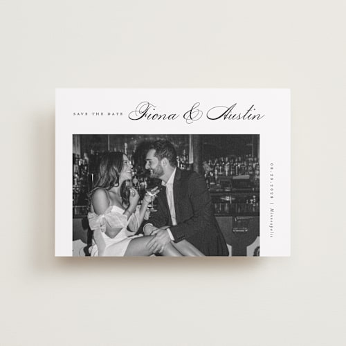 This is a onyx petite save the dates with standard by Michelle Taylor called lovely day printing on recycled smooth signature in petite