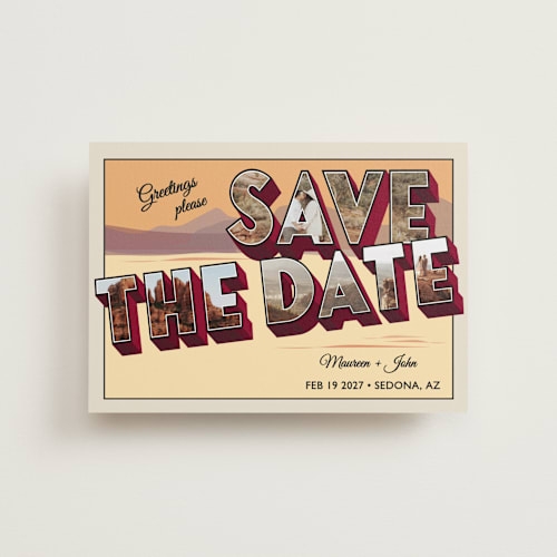 This is a sunset petite save the dates with standard by Ashley Bird called a retro save the date printing on recycled smooth signature in petite
