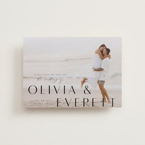 This is a onyx petite save the dates with standard by Emily Betts called modern classic names printing on recycled smooth signature in petite