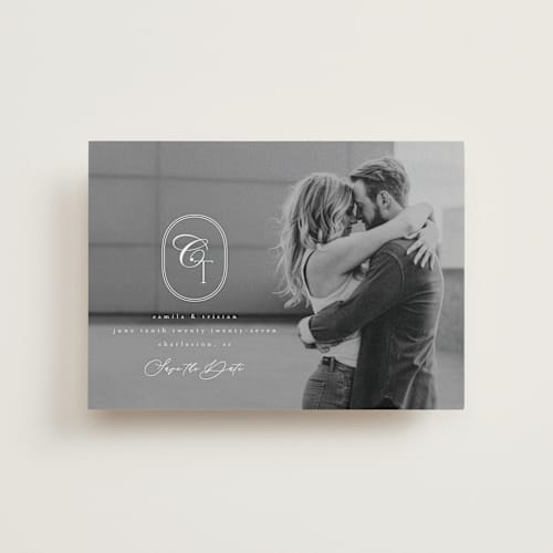 This is a opal petite save the dates with standard by Kristie Kern called gem printing on recycled smooth signature in petite