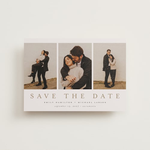 This is a sand petite save the dates with standard by Nicole Walsh called elegant trio printing on recycled smooth signature in petite