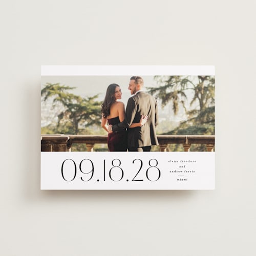 This is a tux petite save the dates with standard by Lea Delaveris called heights printing on recycled smooth signature in petite