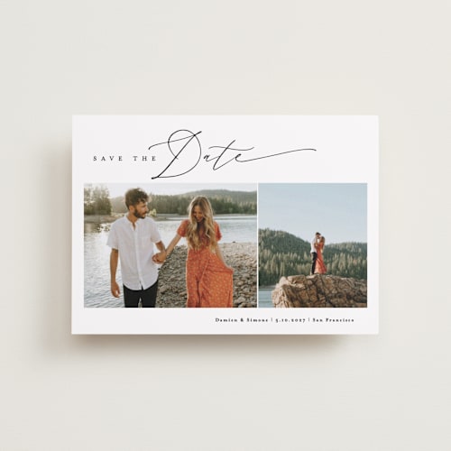 This is a lace petite save the dates with standard by Kate Ahn called treasured printing on recycled smooth signature in petite