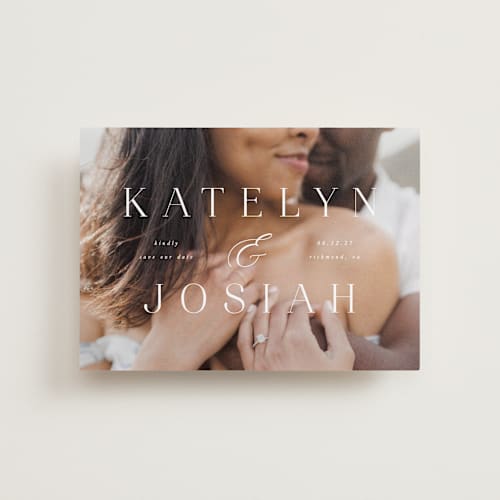 This is a veil petite save the dates with standard by Brandy Folse called typographic overlay printing on recycled smooth signature in petite