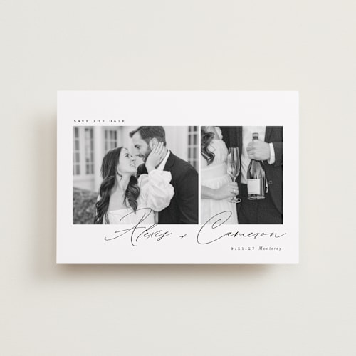 This is a noir petite save the dates with standard by Emily Betts called simple two printing on recycled smooth signature in petite
