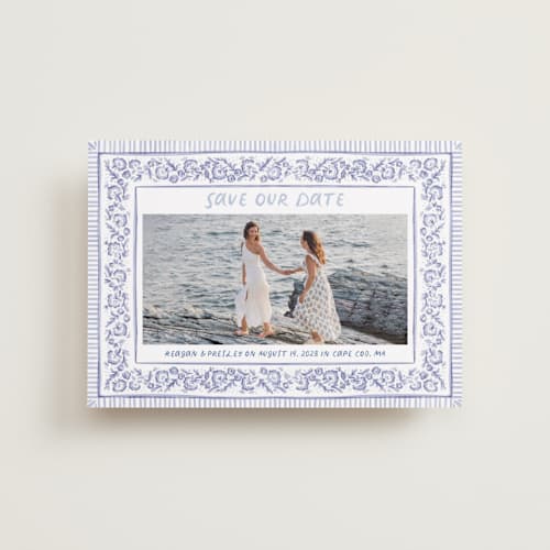 This is a cerulean petite save the dates with standard by Jenna Holcomb called provincial printing on recycled smooth signature in petite