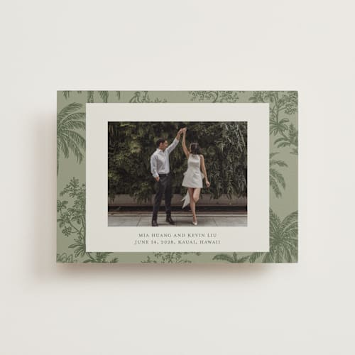 This is a jungle petite save the dates with standard by Jenna Holcomb called tropicale printing on recycled smooth signature in petite