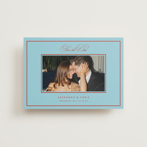 This is a sky petite save the dates with standard by Kelly Watkins called vivid printing on recycled smooth signature in petite