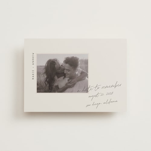 This is a truffle petite save the dates with standard by Vera Lim called offset printing on recycled smooth signature in petite