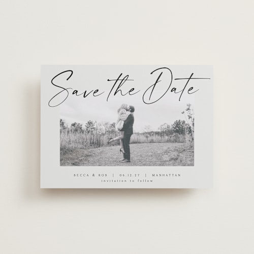 This is a ash petite save the dates with standard by AK Graphics called flash dance printing on recycled smooth signature in petite