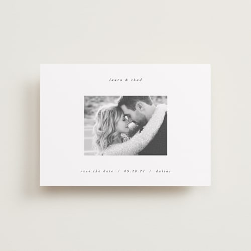 This is a snow petite save the dates with standard by AK Graphics called understated elegance printing on recycled smooth signature in petite