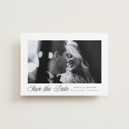 This is a tux petite save the dates with standard by Susan Asbill called classically printing on recycled smooth signature in petite