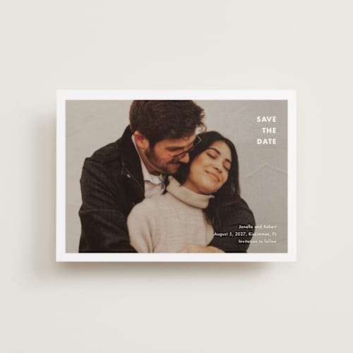 This is a cotton petite save the dates with standard by Stacey Meacham called minimalist border printing on recycled smooth signature in petite
