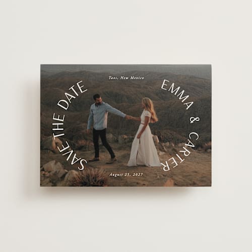 This is a pearl petite save the dates with standard by Susan Asbill called roundabout printing on recycled smooth signature in petite