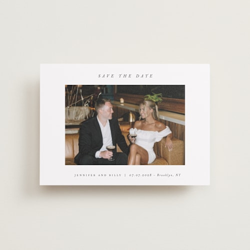 This is a chantilly petite save the dates with standard by Pippa Shaw called espresso printing on recycled smooth signature in petite