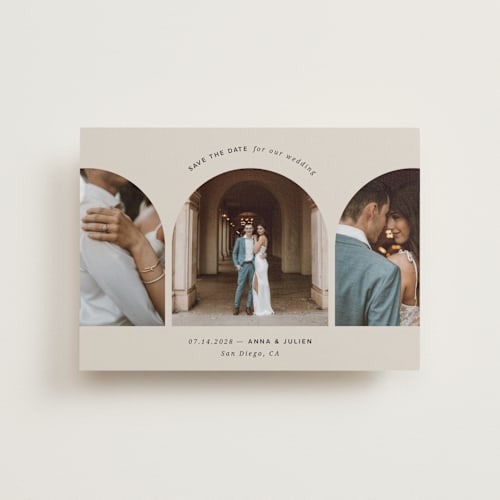 This is a sand petite save the dates with standard by Kristin Oliversen called pure elegance printing on recycled smooth signature in petite