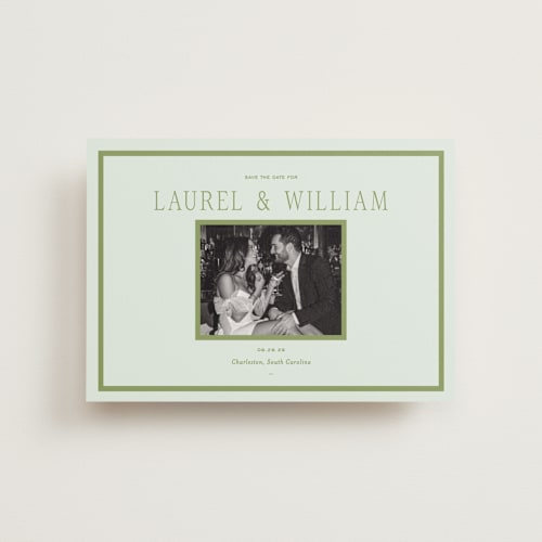 This is a forest petite save the dates with standard by Sara Hicks Malone called dewberry printing on recycled smooth signature in petite