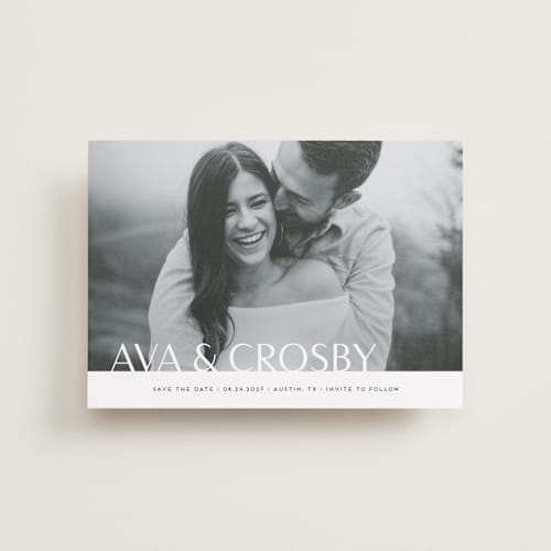 This is a obsidian petite save the dates with standard by Jennifer Postorino called bold names printing on recycled smooth signature in petite