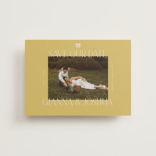 This is a summer citrus petite save the dates with standard by Vera Lim called the gallery printing on recycled smooth signature in petite