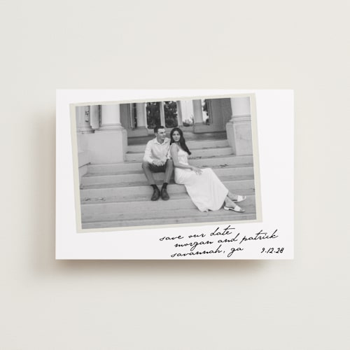 This is a ivory petite save the dates with standard by Maja Cunningham called venecia printing on recycled smooth signature in petite