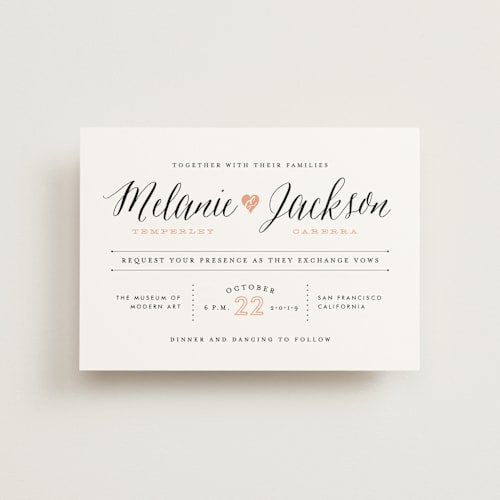 This is a petal petite wedding invitations with standard by Sarah Curry called heartbeat printing on signature in petite