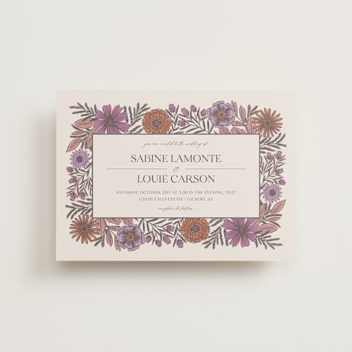 This is a sangria petite wedding invitations with standard by Jen Owens called fleur printing on signature in petite
