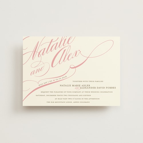 This is a petal pink petite wedding invitations with standard by Annie Clark called winter flourish printing on signature in petite