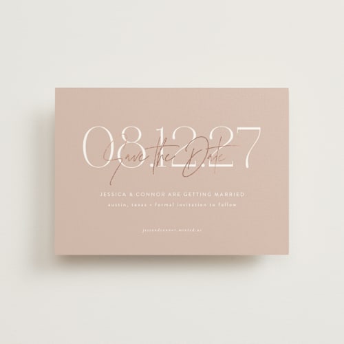 This is a blush petite save the dates with foil pressed by Jennifer Postorino called foil overlay printing on signature in petite