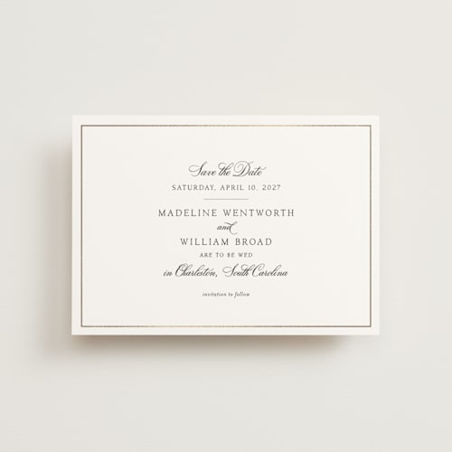 This is a black tie petite save the dates with foil pressed by Megan Davis called wentworth printing on signature in petite