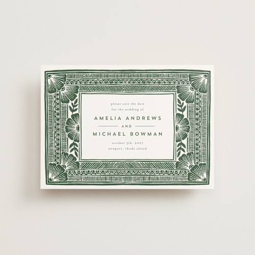 This is a fern petite save the dates with standard by Katharine Watson called block print frame printing on signature in petite