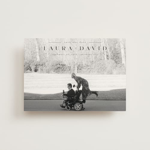 This is a midnight save the date postcards with standard by Abi de Leon called lovingly printing on signature in postcard