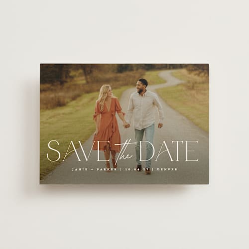 This is a pearl save the date postcards with standard by Jessica Corliss called simple elegance printing on signature in postcard
