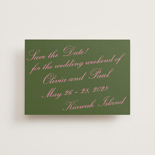 This is a moss save the date postcards with standard by Megan Davis called kiawah printing on signature in postcard