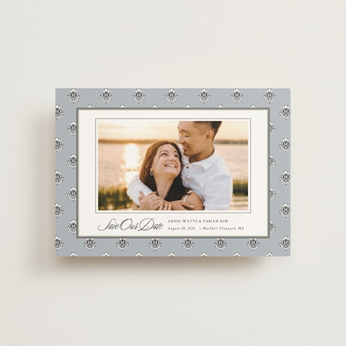 This is a classic save the date postcards with standard by Cindy Reynolds called sophisticated charm printing on signature in postcard