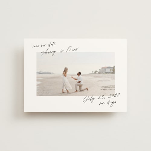 This is a pearl save the date postcards with standard by Lindsay Megahed called joyful jot printing on signature in postcard