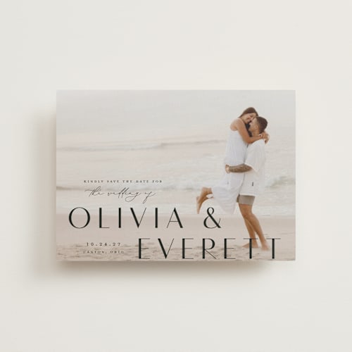 This is a onyx save the date postcards with standard by Emily Betts called modern classic names printing on signature in postcard